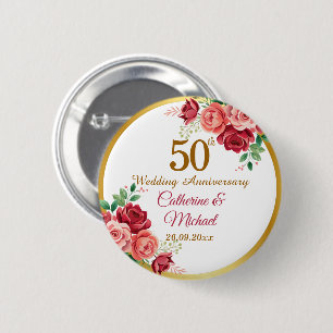 Bóton Redondo 5.08cm Quadro Dourado de Aniversário de 50 Anos de Casame