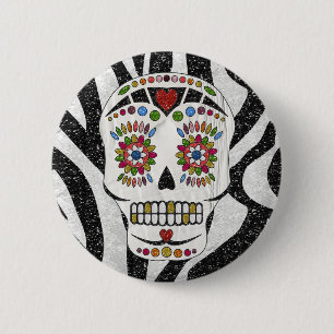 Bóton Redondo 5.08cm RAB Rockabilly Açúcar Caveira em Estampa de Zebra