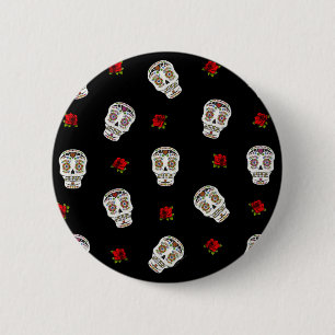 Bóton Redondo 5.08cm RAB Rockabilly Açúcares Caveiras Rosas Em Preto