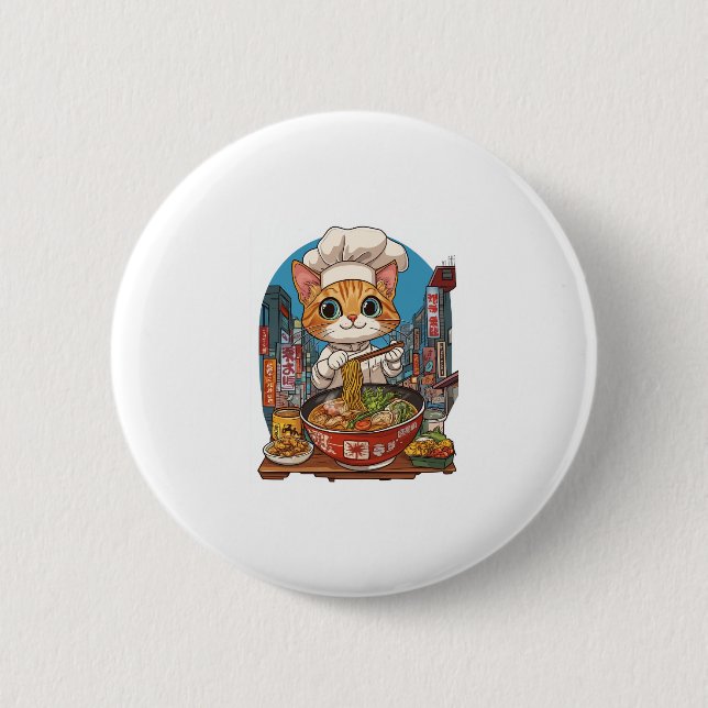 Bóton Redondo 5.08cm Ramen Neko � Engraçada Comida de carne de chef (Frente)