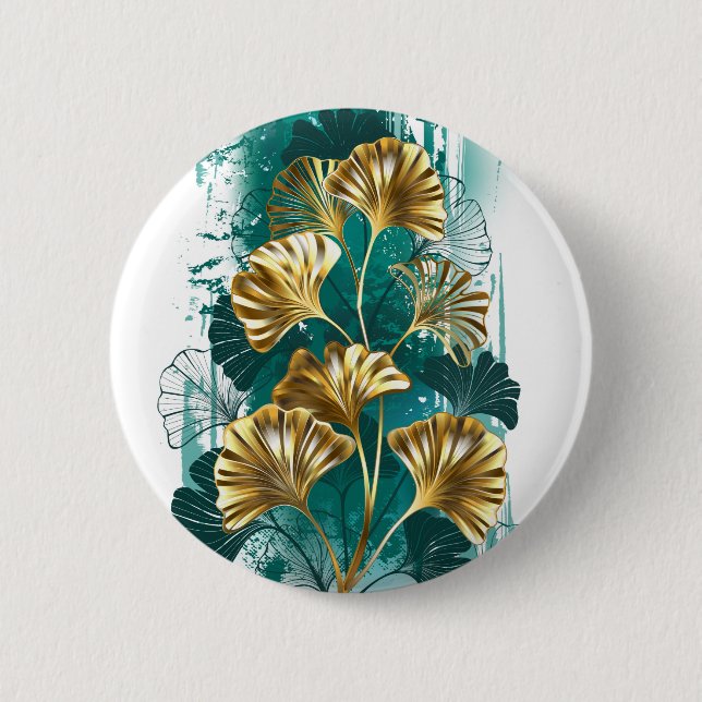 Bóton Redondo 5.08cm Ramificação com Ouro deixa Ginko Biloba (Frente)