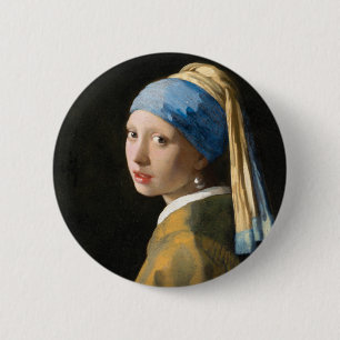Bóton Redondo 5.08cm Rapariga com pérolas a ouvir por Johannes Vermeer