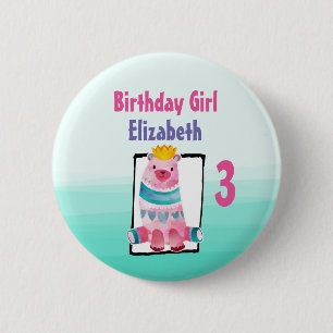 Bóton Redondo 5.08cm Rapariga de aniversário com Urso de Aquarela Vesti