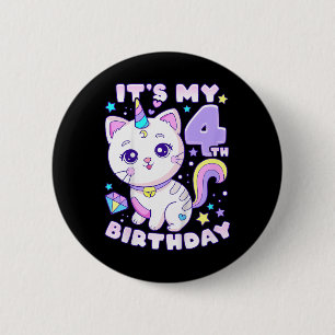 Bóton Redondo 5.08cm Rapariga de aniversário de 4 anos, Cat, Unicórnio,