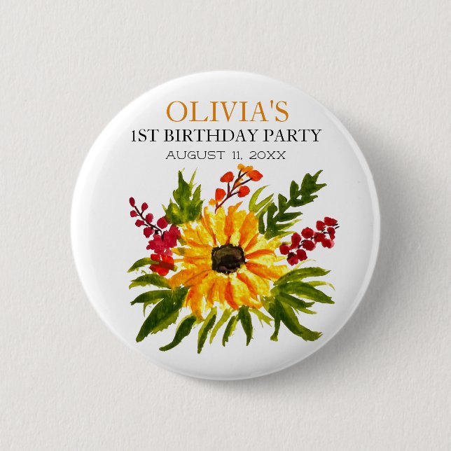 Bóton Redondo 5.08cm Rapariga de girassol da primeira Festa de aniversá (Frente)