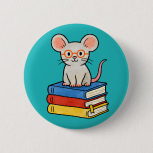 Bóton Redondo 5.08cm Rato Fofo em Pilha de Livros