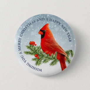 Bóton Redondo 5.08cm Red Cardinal Bird Merry Christmas