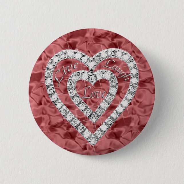 Bóton Redondo 5.08cm Red Round Live Laugh Love Diamond Heart Button (Frente)