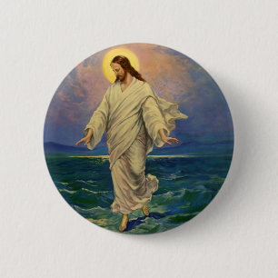 Bóton Redondo 5.08cm Religião Vintage, Cristo de Jesus caminha sobre ág