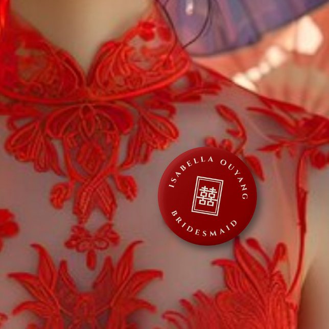 Bóton Redondo 5.08cm Retângulo Clássico com Festa de casamento Chinesa  (BRIDESMAID Classic Rectangle Double Happiness Chinese Wedding Party Button @ fatfatin_red_knot)