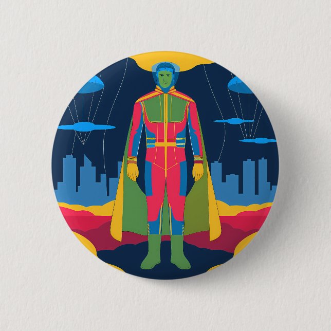 Bóton Redondo 5.08cm Retro Sci-Fi Hero Over Cityscape (Frente)