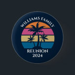 Bóton Redondo 5.08cm Reunião da Família legal Custom Beach Party<br><div class="desc">Essa bela festa de praia,  a manutenção do botão azul é perfeita para uma reunião familiar de verão em uma ilha tropical. Personalize esta design de palmeira divertida para um evento costeiro com amigos ou familiares.</div>