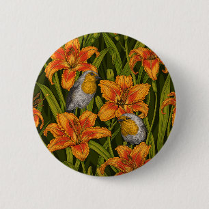 Bóton Redondo 5.08cm Robins e flores, cor de laranja e verde escuro