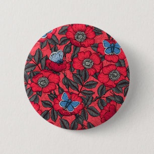 Bóton Redondo 5.08cm Rosa de cão e borboletas em vermelho e azul