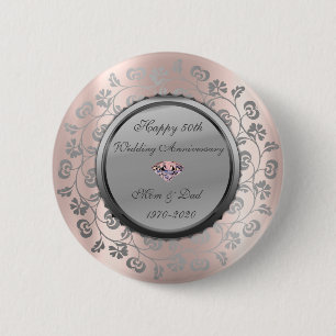 Bóton Redondo 5.08cm Rosa de Silver Floral Dourado 50º Aniversário de C