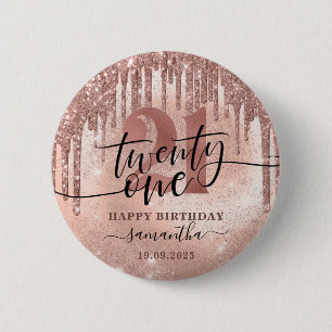 Bóton Redondo 5.08cm Rosa Dourado Faux Glitter & Foil aniversário de 21