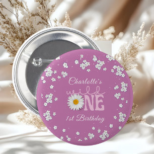 Bóton Redondo 5.08cm Rosa Silvestre Purple Daisy Aniversário de 1 ano