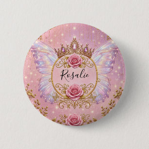 Bóton Redondo 5.08cm Rosas Borboleta Fada Princesa Floral Rosa e Dourad