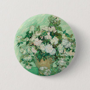 Bóton Redondo 5.08cm Rosas Brancas de Van Gogh - Arte Floral Menta Vint