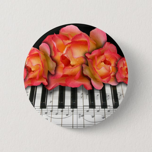 Bóton Redondo 5.08cm Rosas do teclado de piano e notas da música (Frente)