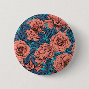 Bóton Redondo 5.08cm Rosas rosa com folhas azuis