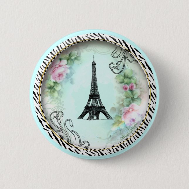 Bóton Redondo 5.08cm Rosas rosa e impressão zebra em torre Eiffel (Frente)