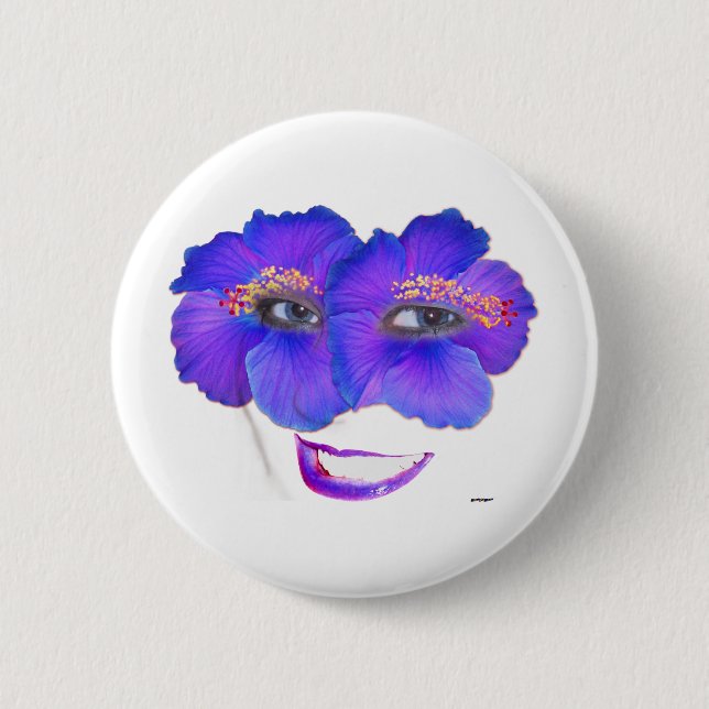 Bóton Redondo 5.08cm Rosto de Hibiscus com Sorriso - Azul (Frente)