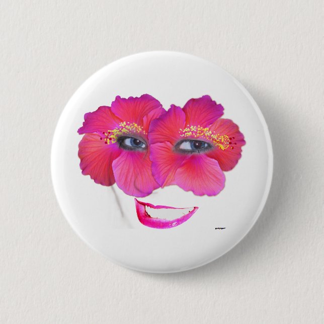 Bóton Redondo 5.08cm Rosto de Hibiscus com Sorriso - Rosa (Frente)