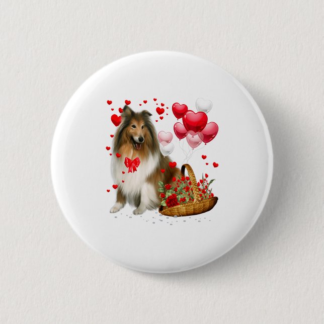 Bóton Redondo 5.08cm Rough Collie Heart Balloon Happy Valentine Day Dog (Frente)