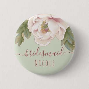 Bóton Redondo 5.08cm Sage and Blush Pink Peony Floral Bridesmaid