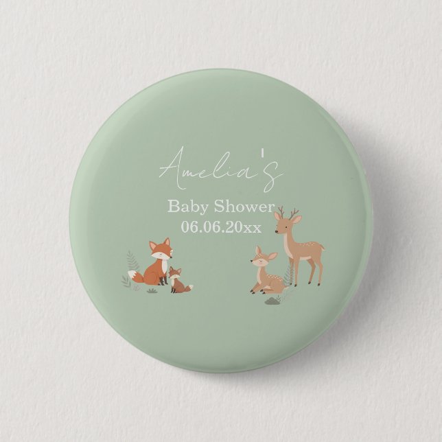 Bóton Redondo 5.08cm Sage Green Woodland Animal Baby Shower  (Frente)