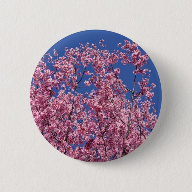 Bóton Redondo 5.08cm Sakura Cherry Blossoms No Azul (Frente)