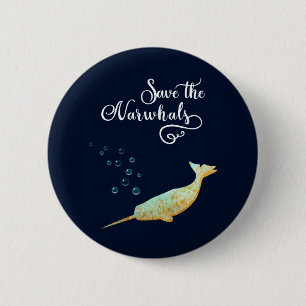 Bóton Redondo 5.08cm Salvar o Narwhals. Aguarela, arte da caligrafia