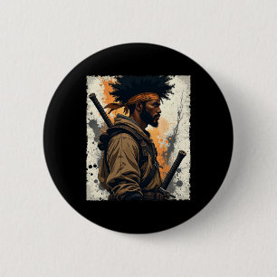Bóton Redondo 5.08cm Samurai Africano Afro Americano Guerreiro Bushido
