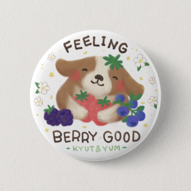Bóton Redondo 5.08cm Sentindo-se Muito Bem: Cachorro Fofo com Frutas (Frente)