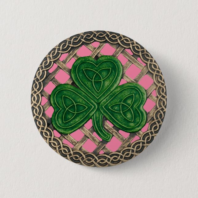 Bóton Redondo 5.08cm Shamrock and Celtic Knot Button Rosa (Frente)