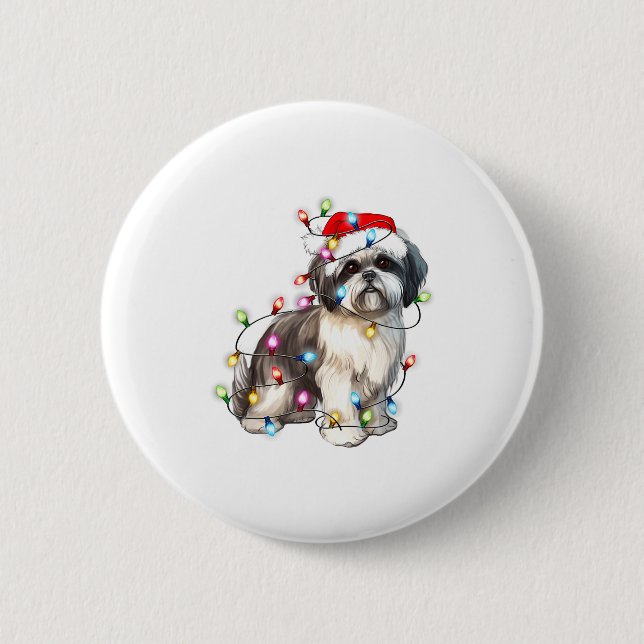 Bóton Redondo 5.08cm Shih Tzu Dog Christmas Lights Xmas Cute  (Frente)