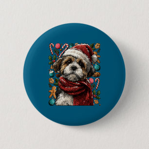 Bóton Redondo 5.08cm Shih Tzu Festivo Com Chapéu de Papai Noel Inverno