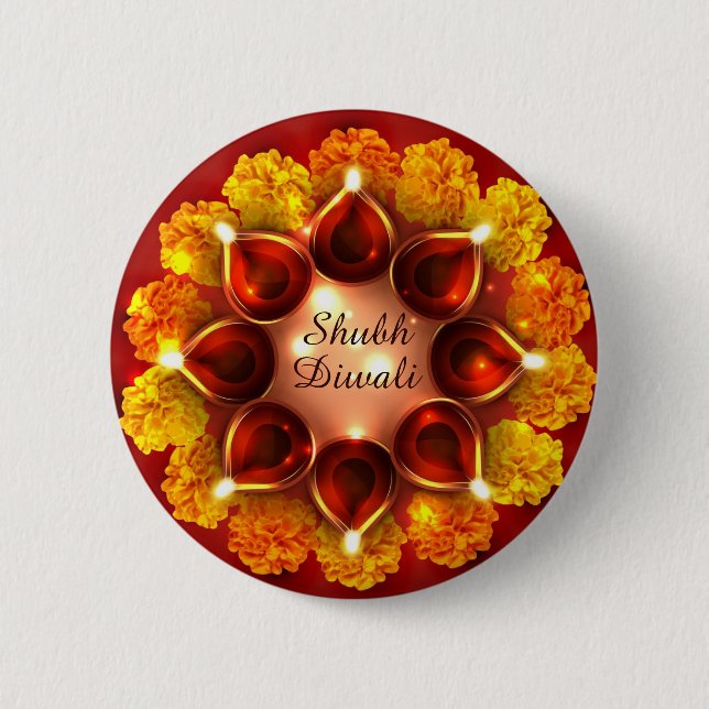 Bóton Redondo 5.08cm Shubh Diwali Diyas e Marigolds (Frente)