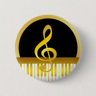 Bóton Redondo 5.08cm Símbolo de Música Dourado Piano Conselho Clef Note
