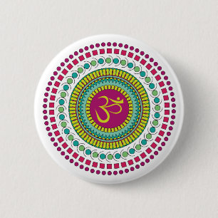 Bóton Redondo 5.08cm Símbolo Espiritual Mandala Om Verde Rosa Geométric