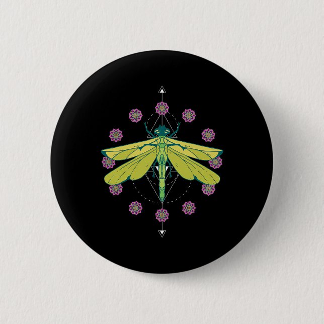 Bóton Redondo 5.08cm Símbolos de Libélula Magia Mandala Inseto (Frente)