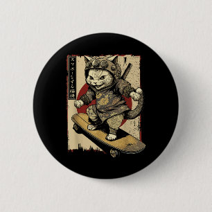 Bóton Redondo 5.08cm Skateboard Samurai Cat Tattoo Kawaii Ninj