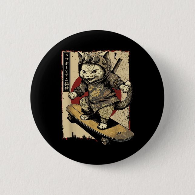 Bóton Redondo 5.08cm Skateboard Samurai Cat Tattoo Kawaii Ninj (Frente)