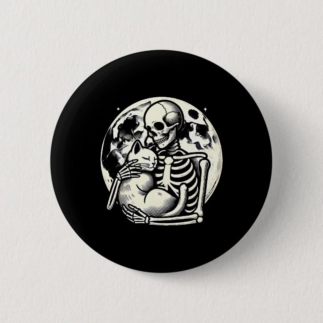 Bóton Redondo 5.08cm Skeleton Segurando Gato Malandro Halloween Gótico (Frente)