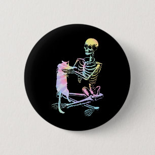 Bóton Redondo 5.08cm Skeleton Segurando Um Gato Preguiçoso Para O Hallo