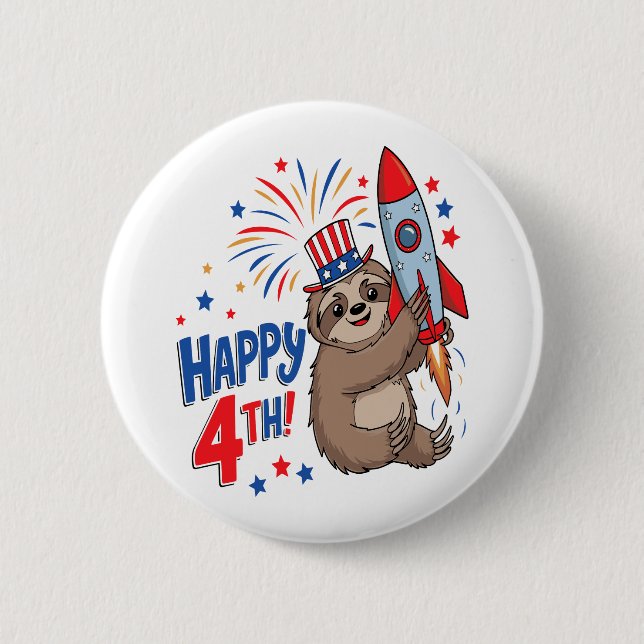 Bóton Redondo 5.08cm Sloth Happy 4th Rocket Fireworks EUA (Frente)
