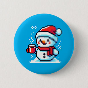 Bóton Redondo 5.08cm Snowman pixelizado com café - Arte de Natal