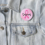 Bóton Redondo 5.08cm Sobrevivente Cancer Rosa<br><div class="desc">O botão "Survivor" do cancer da mama apresenta a inscrição personalizada de scripts pretos com uma fita rosa simbólica e um fundo de gradiente rosa.</div>