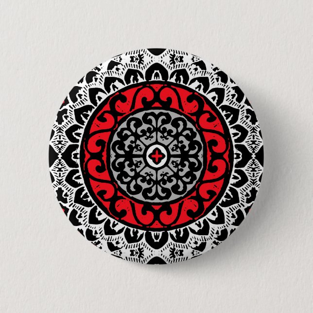 Bóton Redondo 5.08cm Sol do Sudoeste Mandala Batik, Vermelho, Preto e B (Frente)